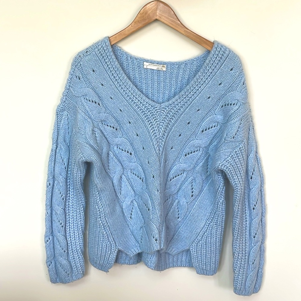 Light Blue Cable Knit V-Neck Sweater